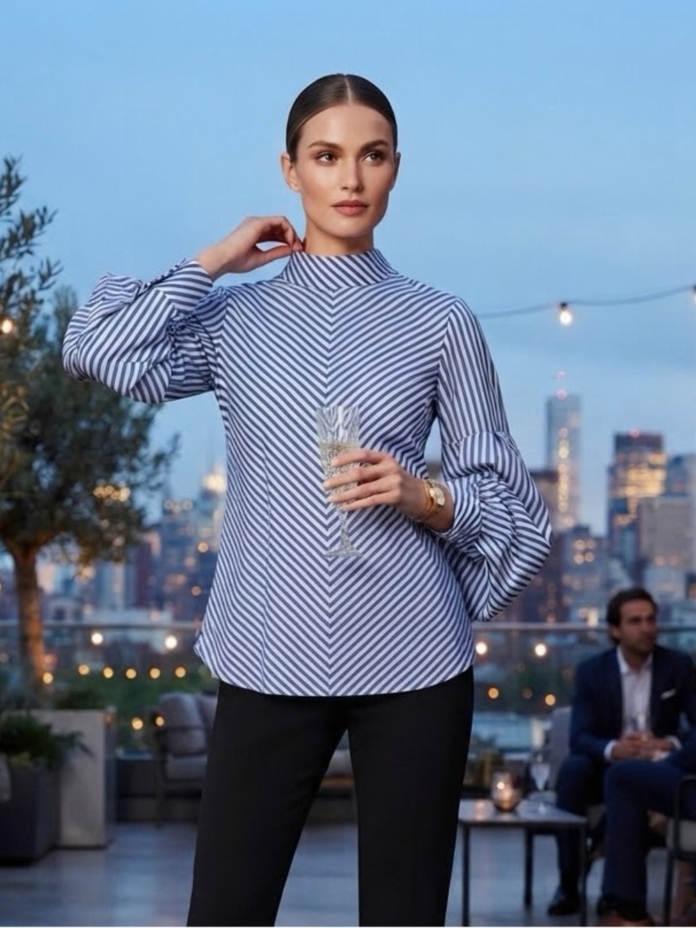 Striped High-Neck Puff-Sleeve Blouse in Blue and White